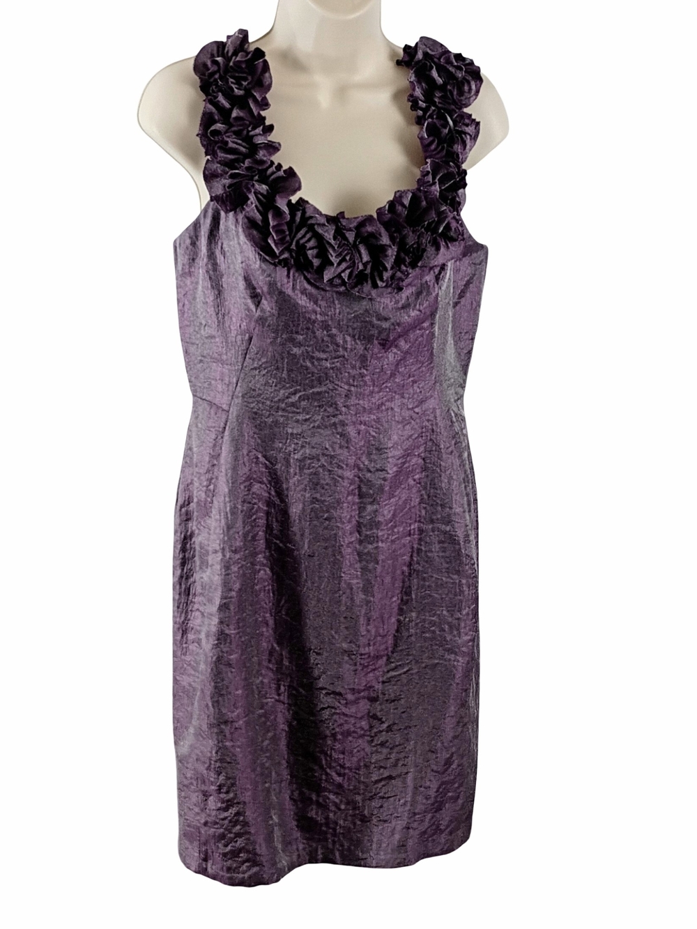 London Times Shimmering Purple With Silver Undertones Ruffled Scoop Neck Midi